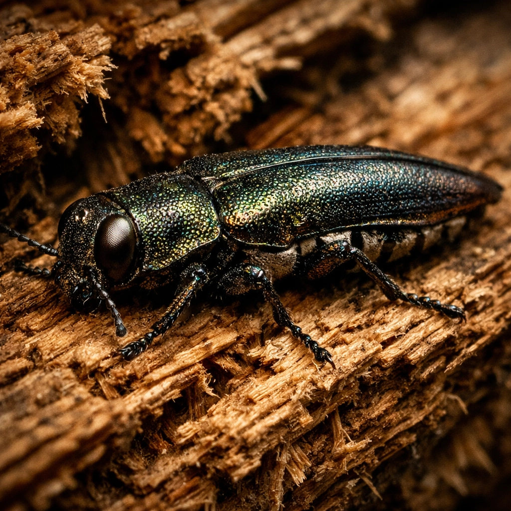 Close-up of a wood-boring insect on a structural beam, highlighting the need for a Westchester NY exterminator.