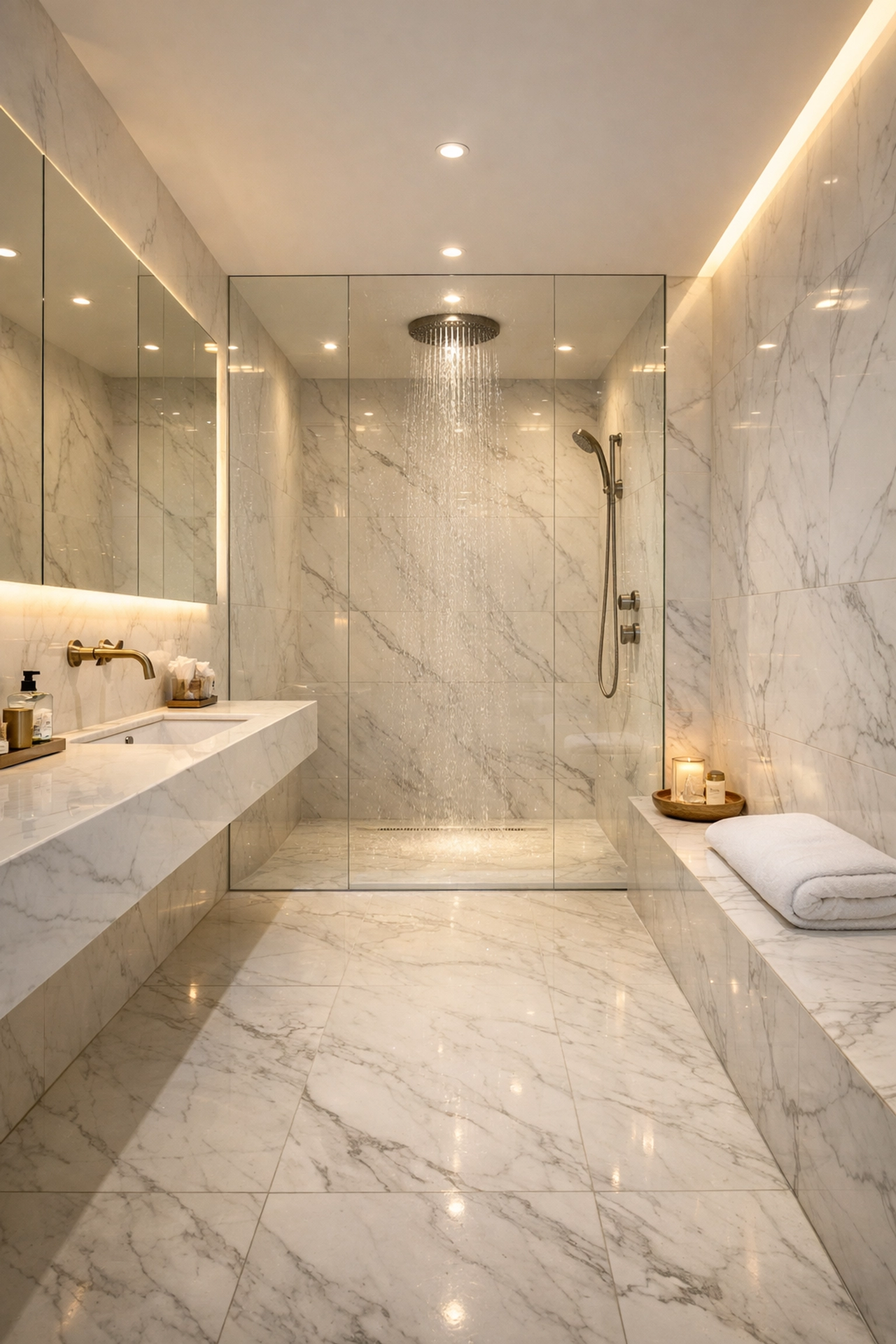 Long narrow wet room featuring large-format marble tiles and a frameless glass shower enclosure.