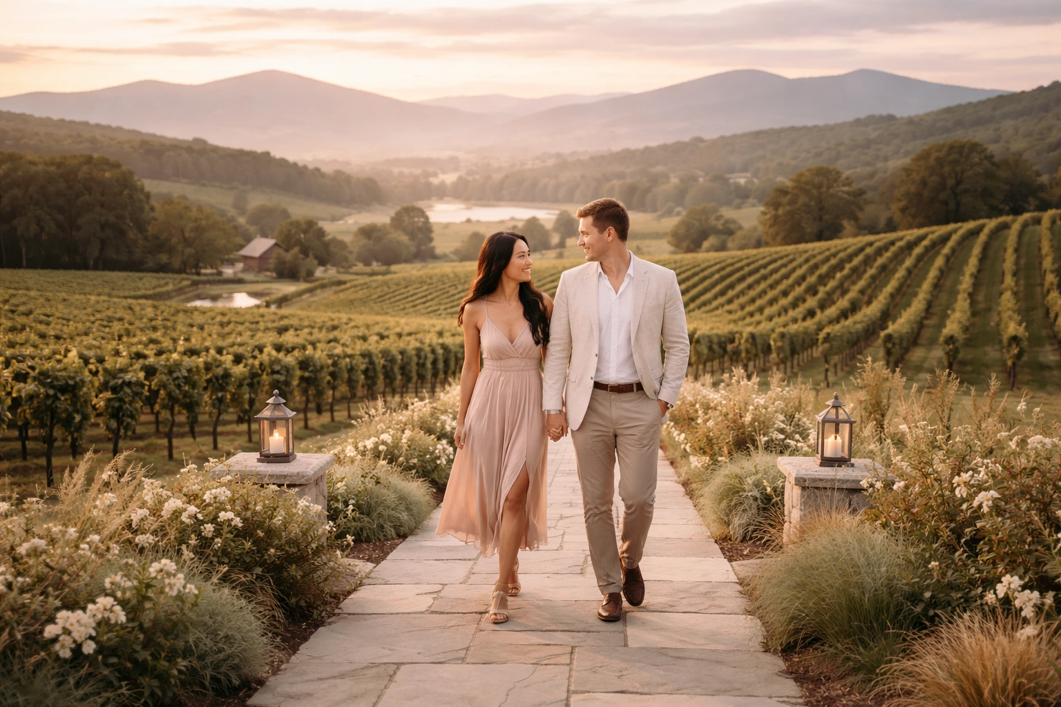 Bi-racial couple walking at sunset through Virginia vineyard, ideal for creative content backdrops
