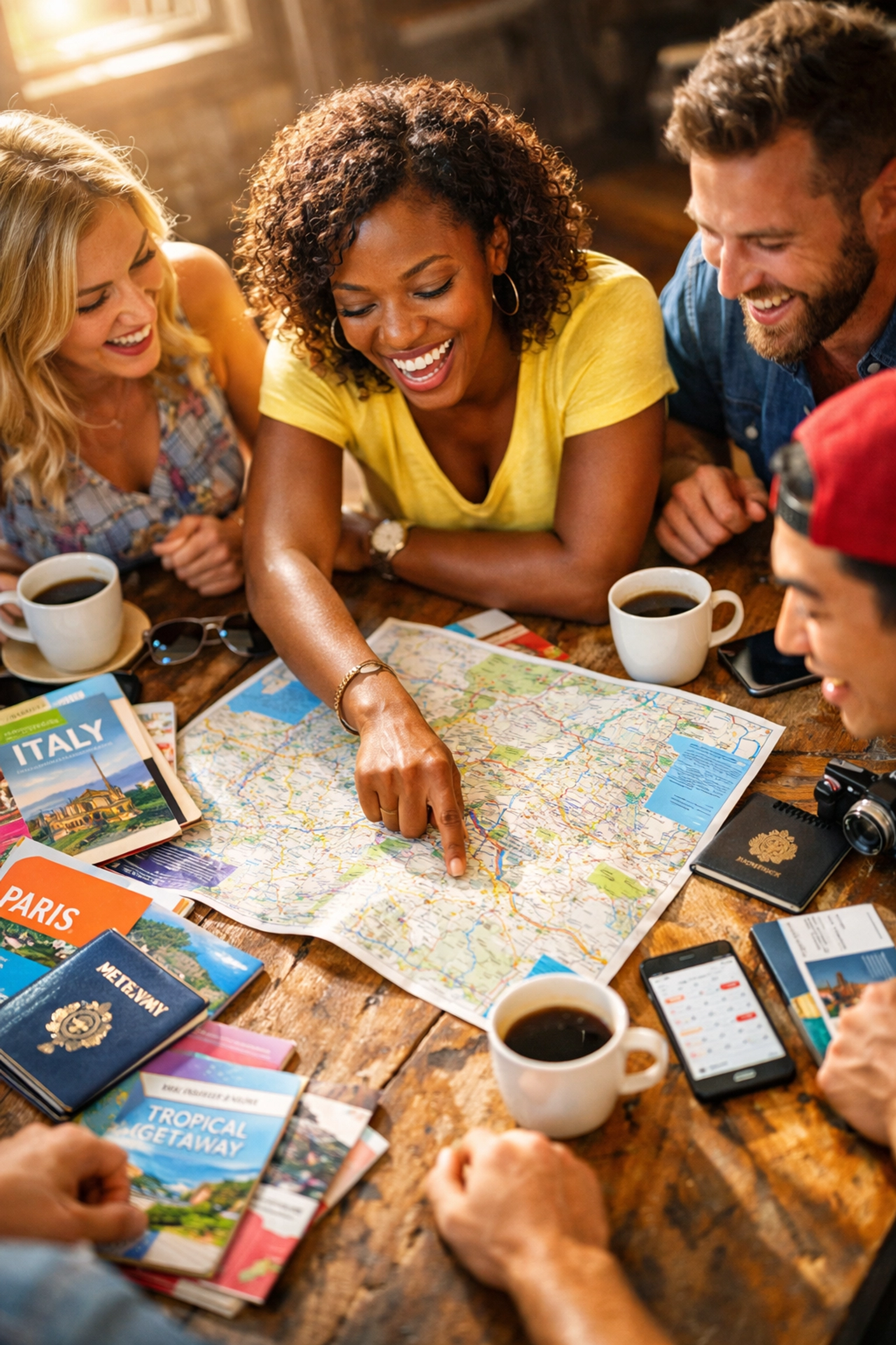 Diverse group planning a trip together around table with maps, passports, and travel brochures