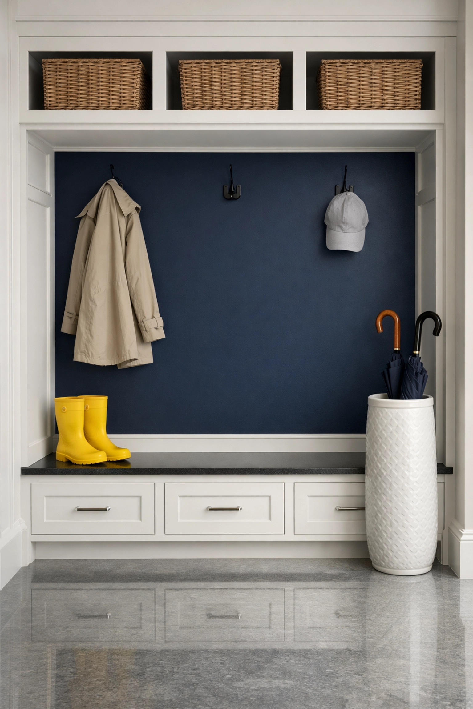 A perfectly organized mudroom entryway showing the benefits of a quick weekly decluttering routine.
