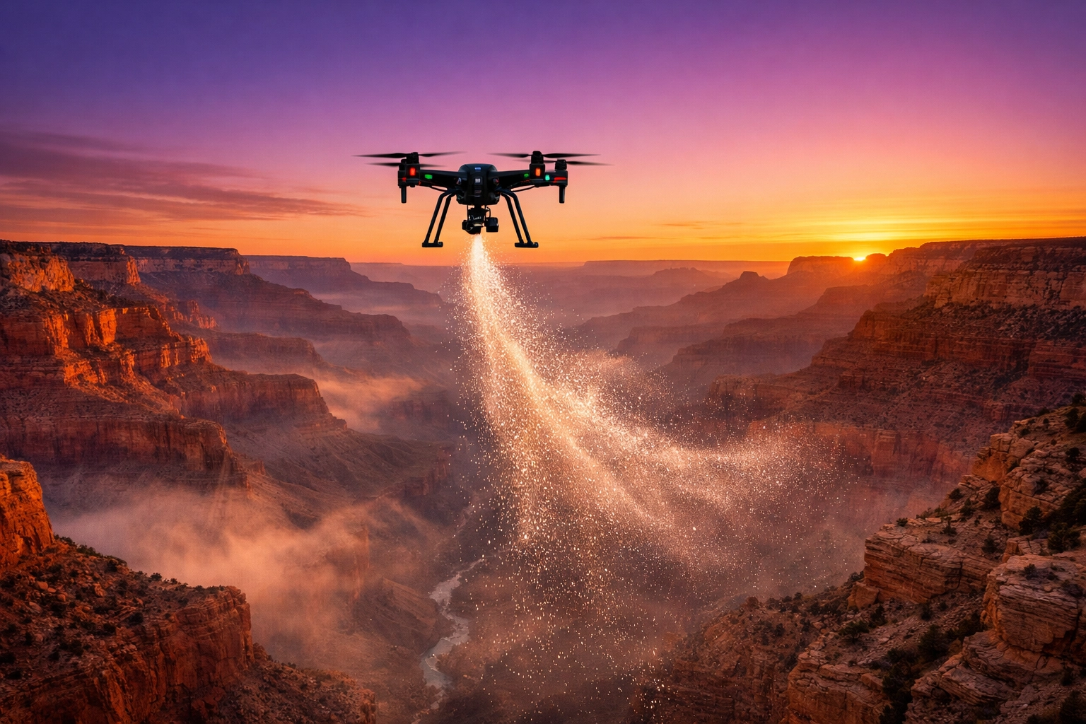 Professional drone ash scattering ceremony at the Grand Canyon during a golden hour sunset.