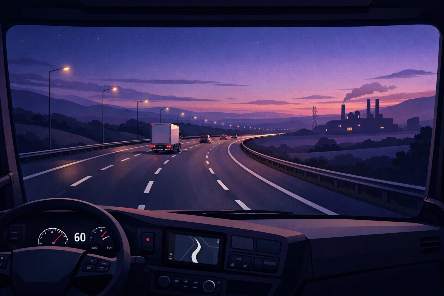 HGV driver's view from the cab of a Class 1 truck on a scenic North West motorway at dusk.