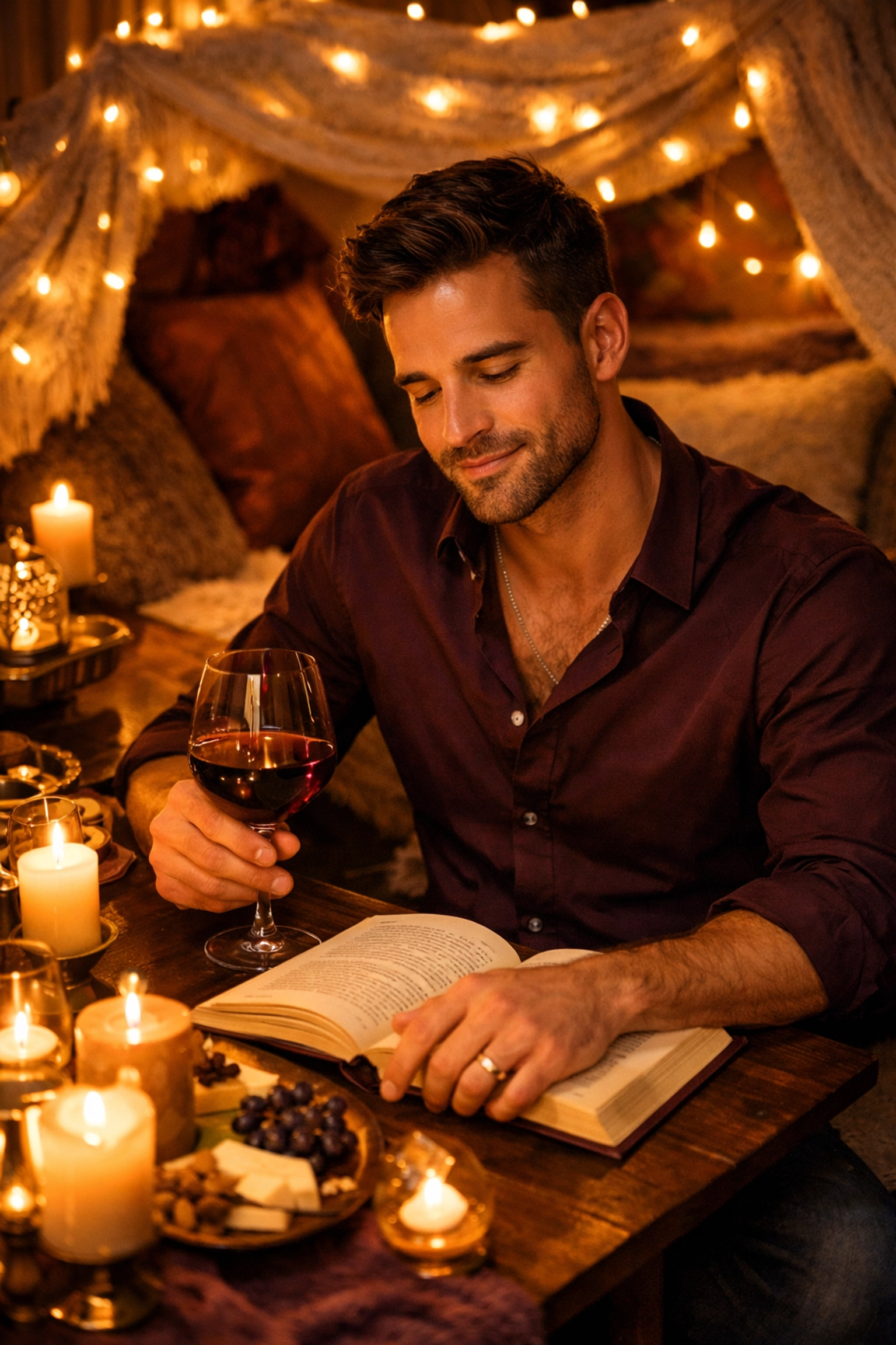 Gay man enjoying solo Valentine's date with wine, candles, and MM romance book