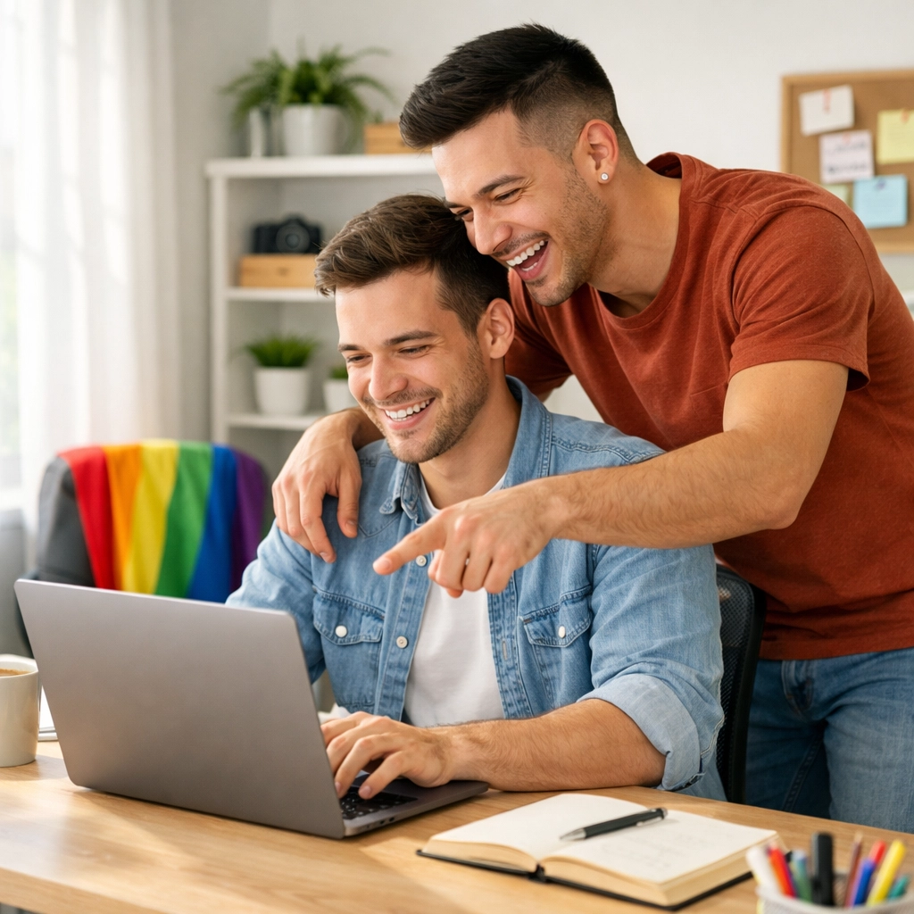 A gay couple collaborating on creative writing in a home office, celebrating the spirit of LGBTQ+ publishing.