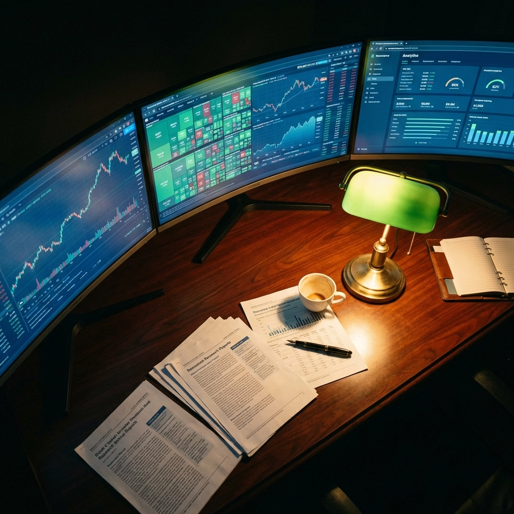 Investor workspace with financial charts and reports highlighting private equity due diligence