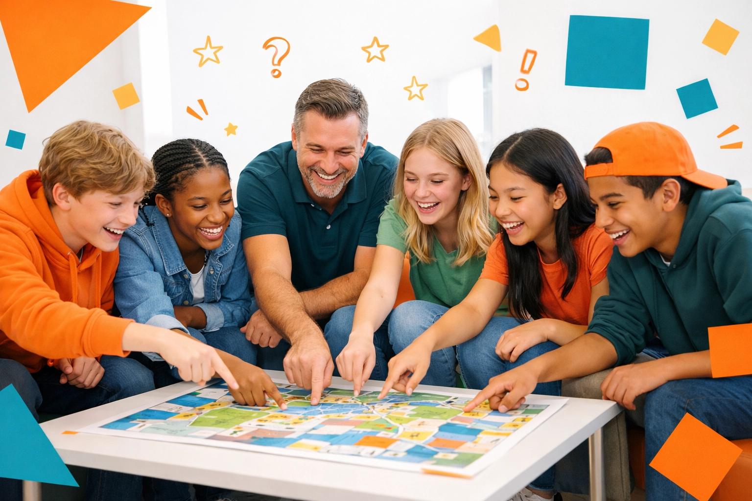 A group of diverse teenagers and a mentor learning together to foster curiosity and essential life skills.