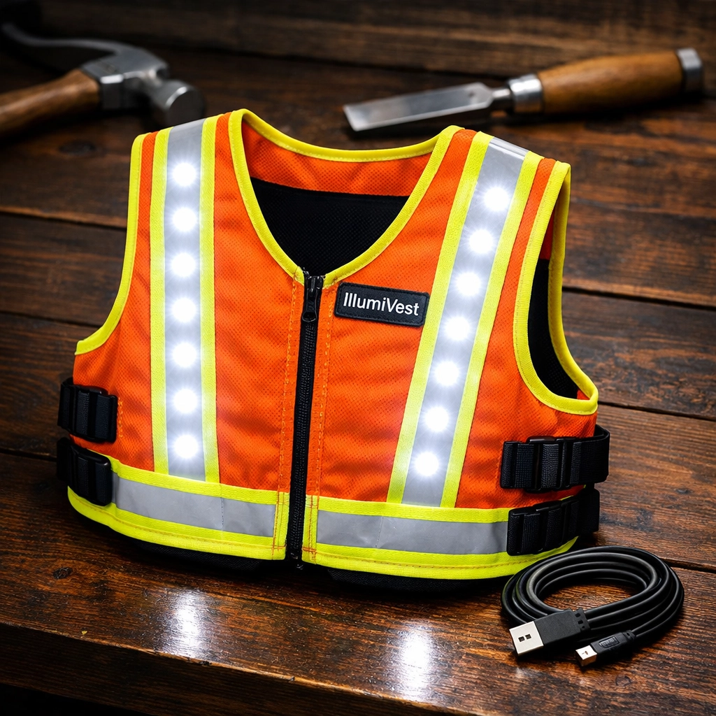 Rechargeable orange LED Mennonite safety vest on a workbench, highlighting durable gear for rural workers.
