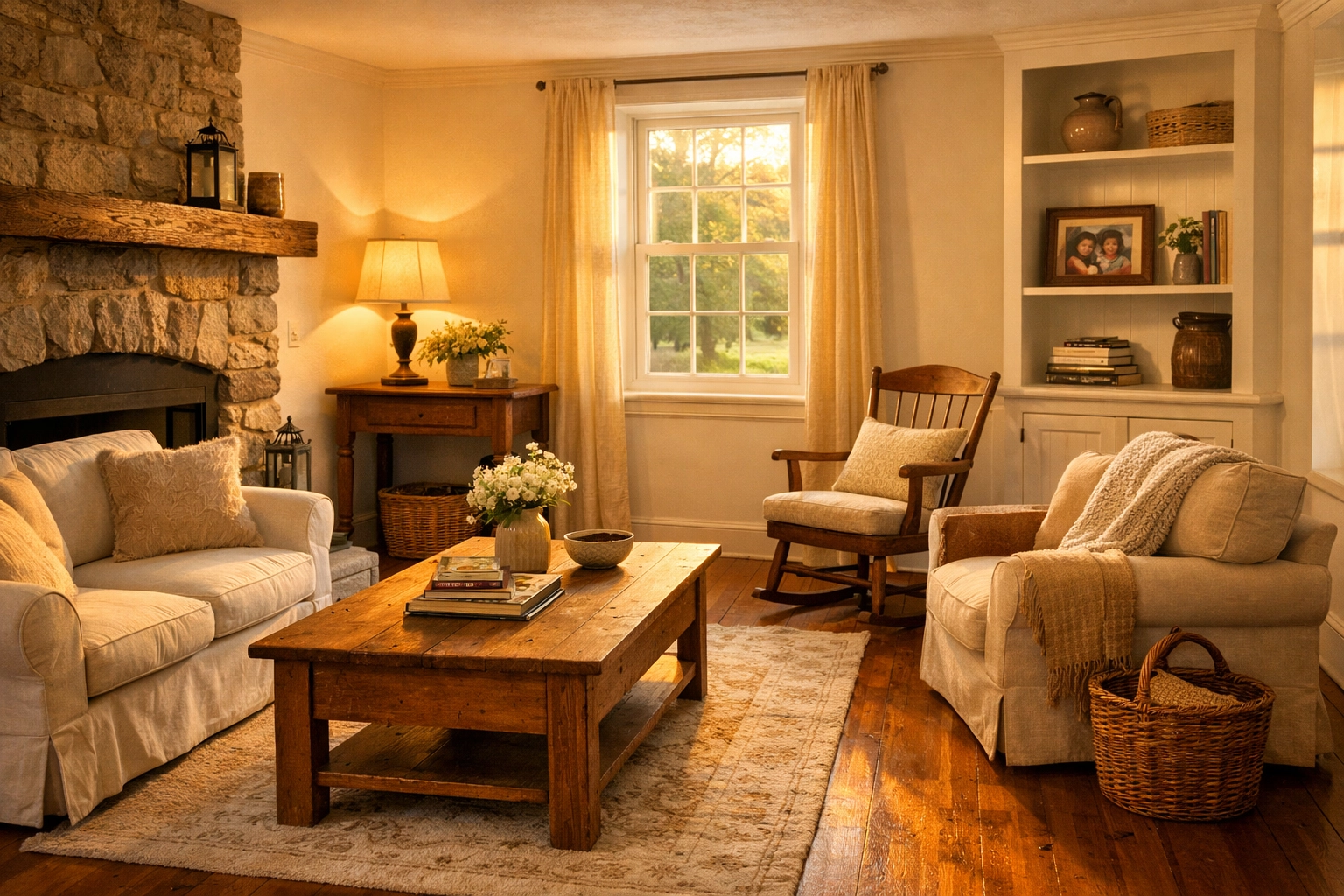 Completed fire damage restoration of Berks County living room with fresh walls and clean floors