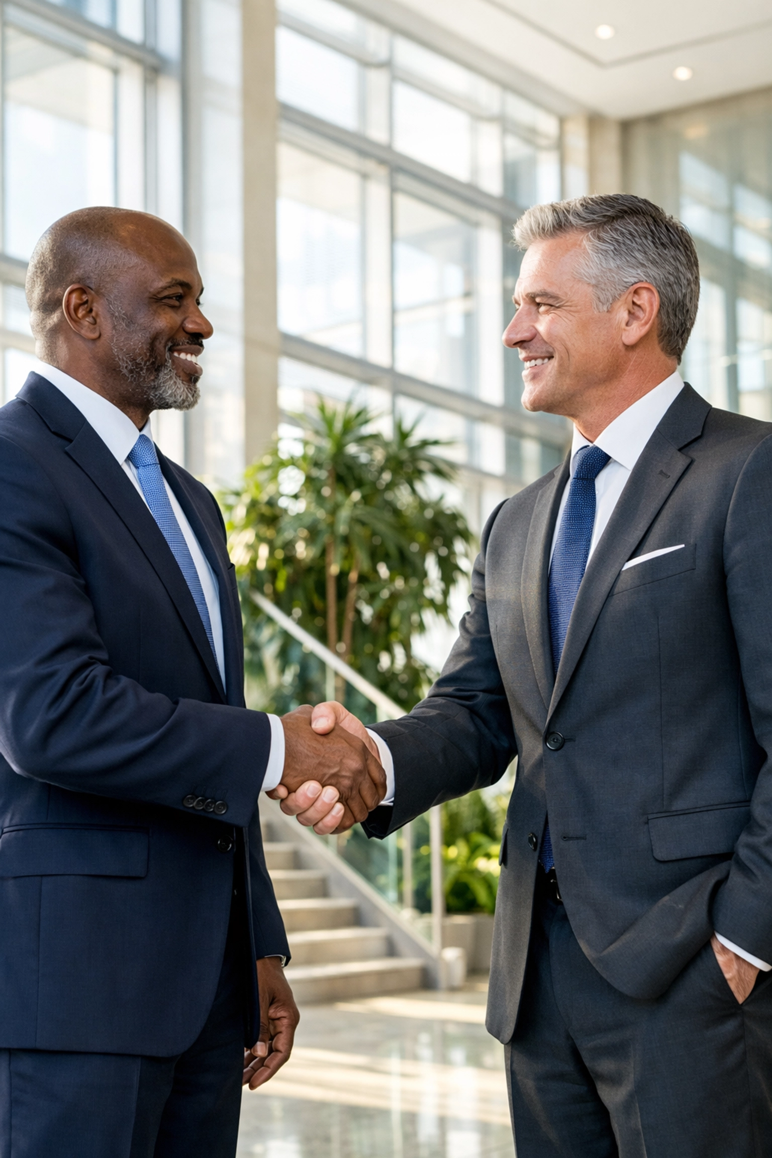Corporate leaders shaking hands to symbolize a successful partnership and high-stakes deal.