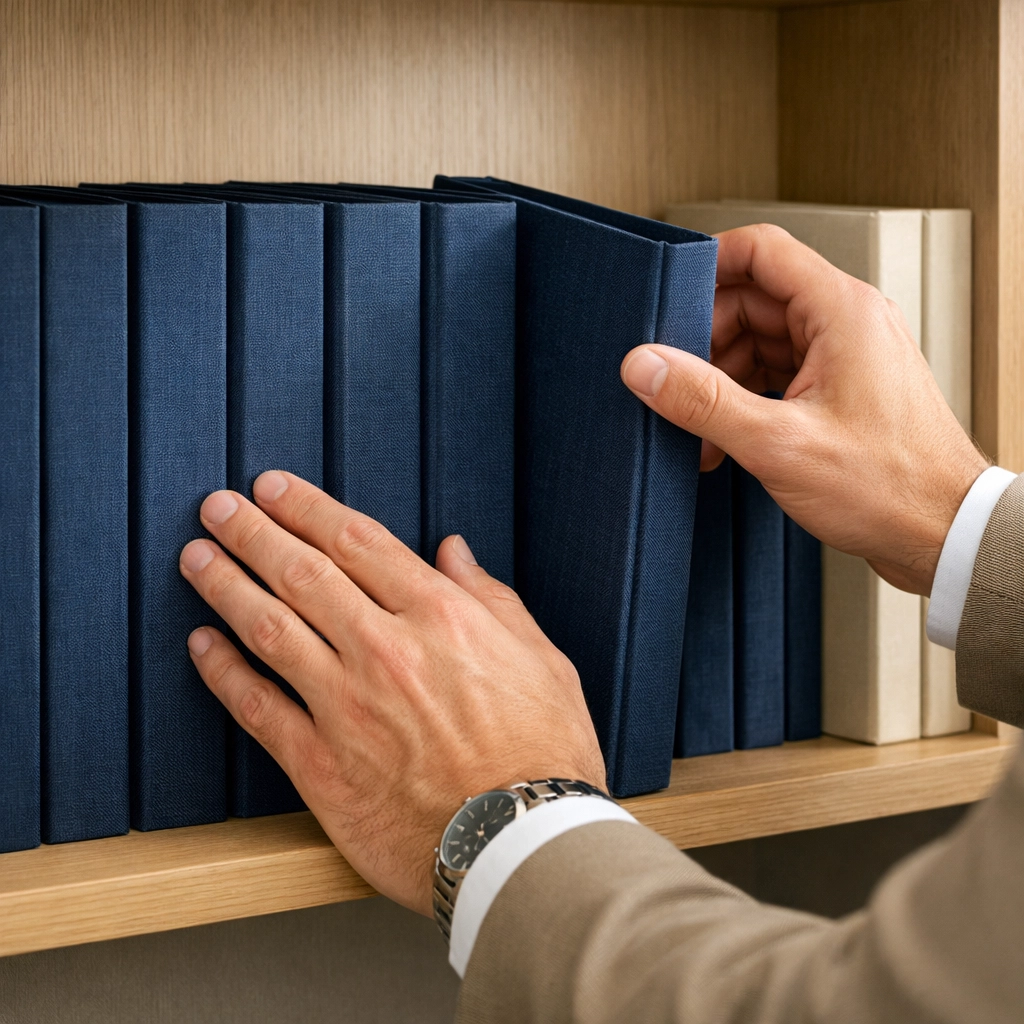 Hands organizing corporate files, illustrating the preparation needed to sell a business in Mississippi.