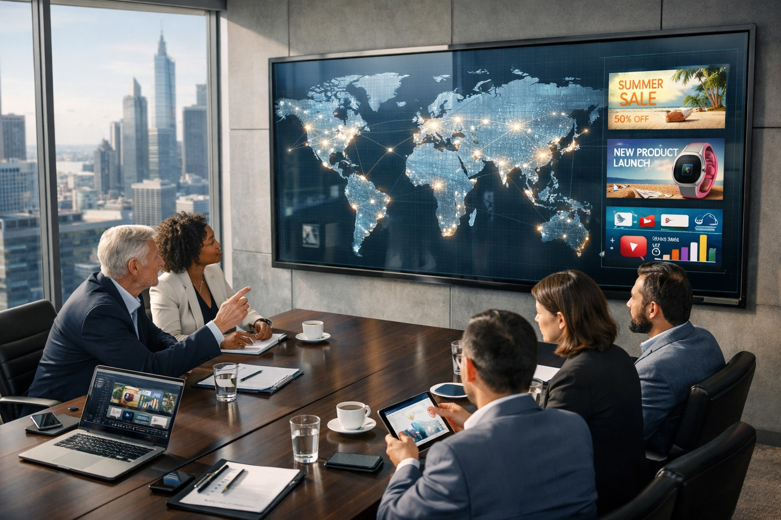 Dakdan Worldwide media consultants collaborating on global advertising assets in a modern boardroom.