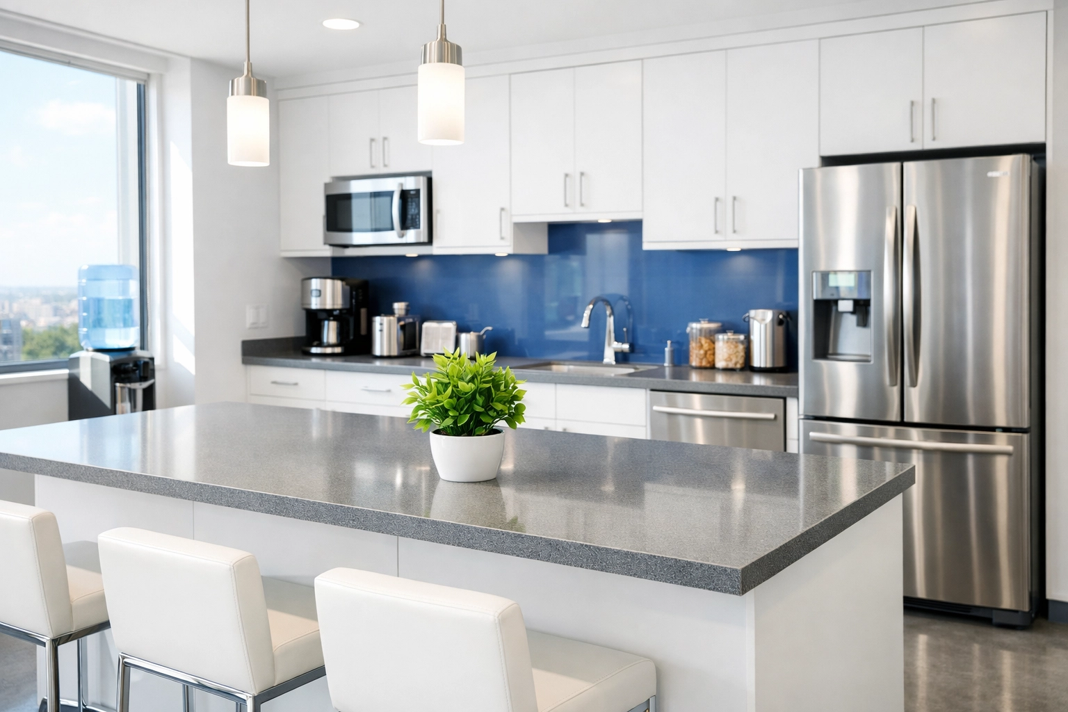 Sparkling clean office breakroom in Rockland with sanitized countertops and green eco-friendly decor.