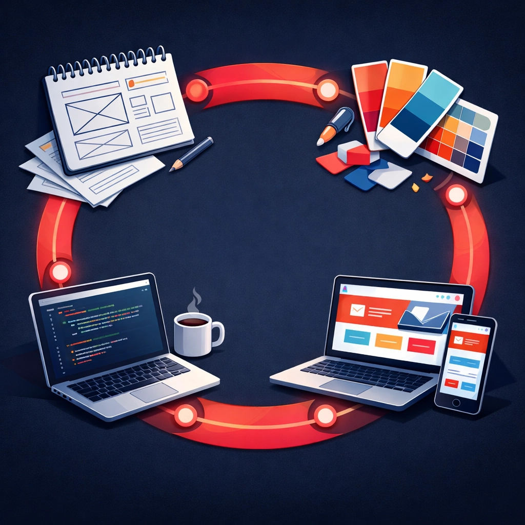 Web designer workflow diagram showing discovery, wireframes, and design process stages