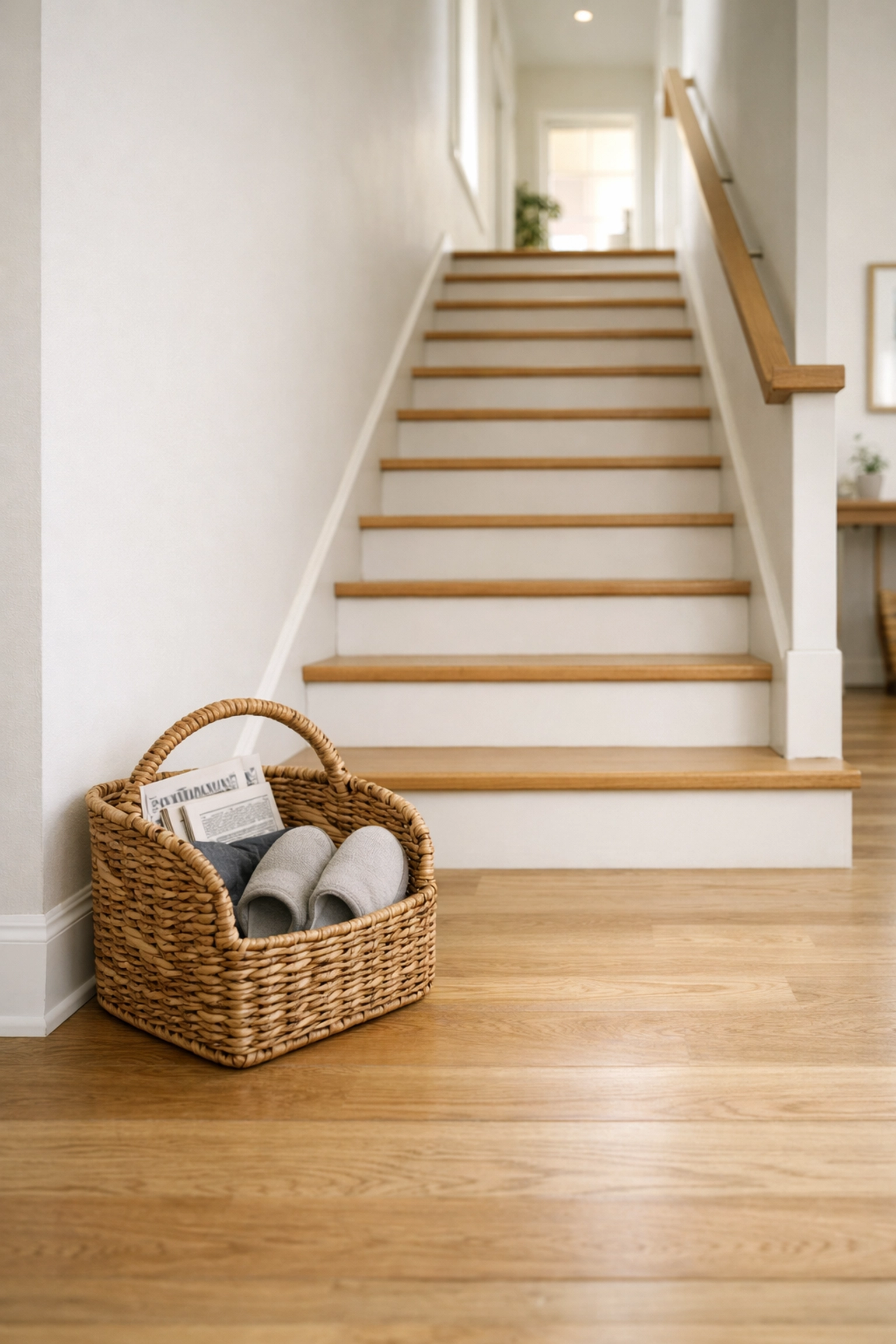 A storage basket placed beside the staircase to keep stairs free of tripping hazards.
