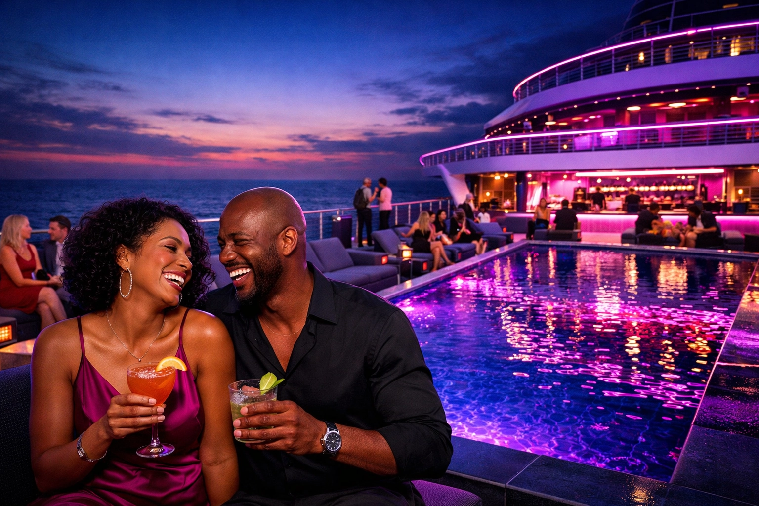 Stylish couple enjoying cocktails on a cruise deck, guided by an Adults Only travel agent.