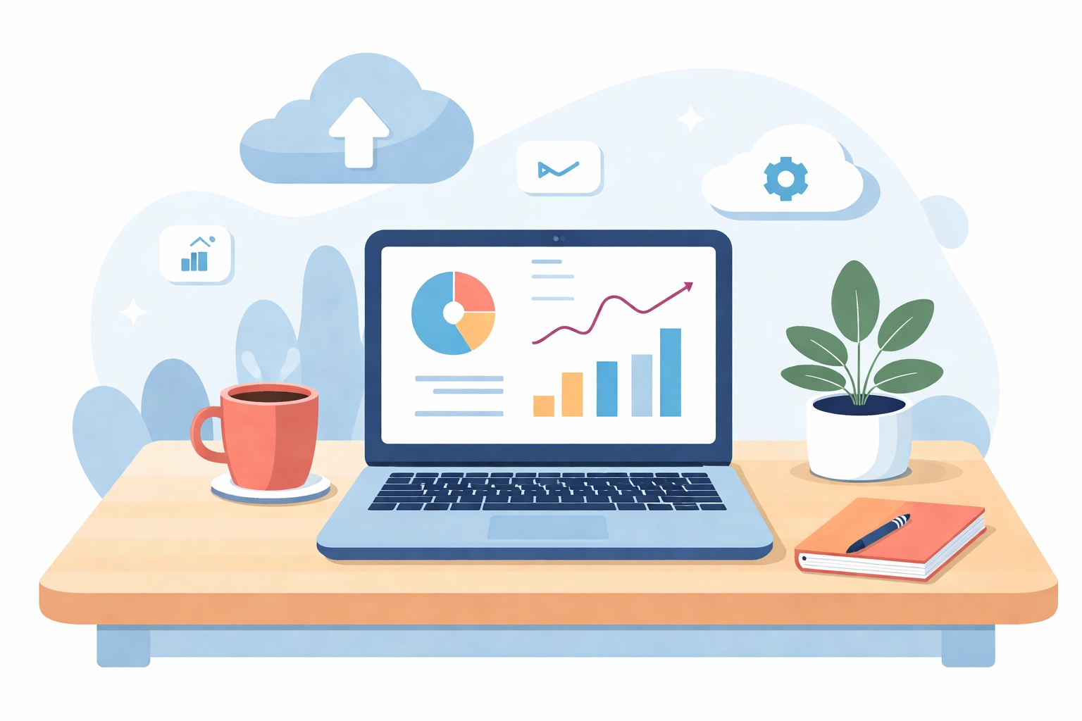 Modern home office setup with laptop showing financial charts, symbolizing cloud-based virtual accounting for small businesses
