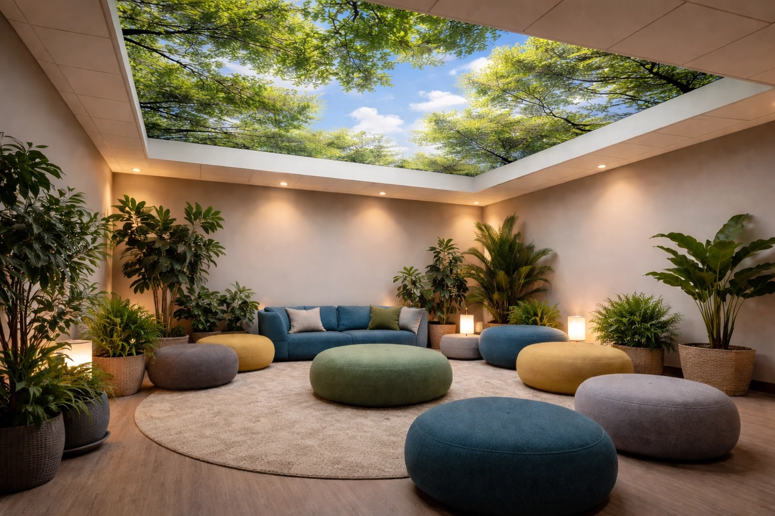 Windowless school calming room with immersive forest canopy ceiling for a student wellness space
