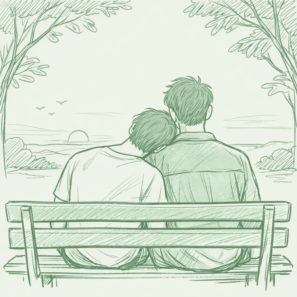 Two men in early twenties sharing tender moment on park bench at sunset