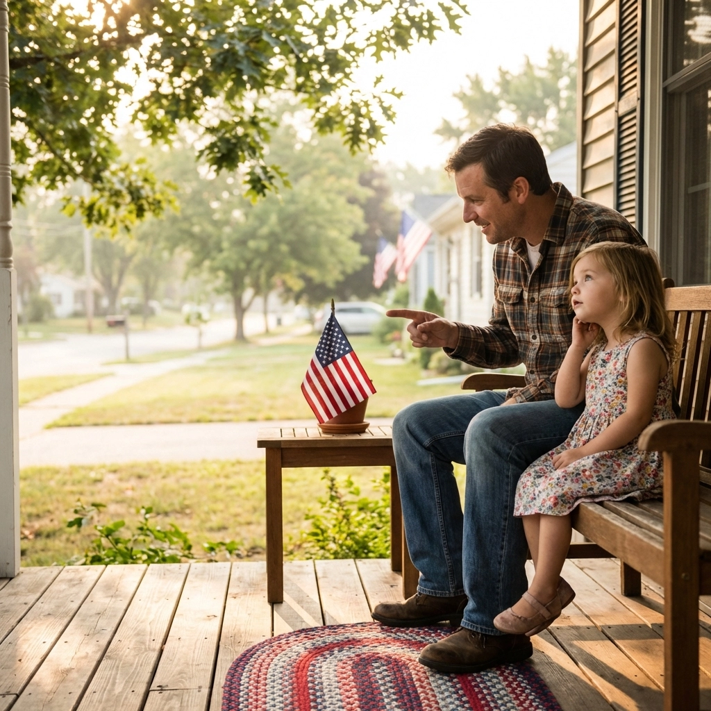 Father and daughter on porch with American flag, teaching patriotic unity in a welcoming neighborhood.