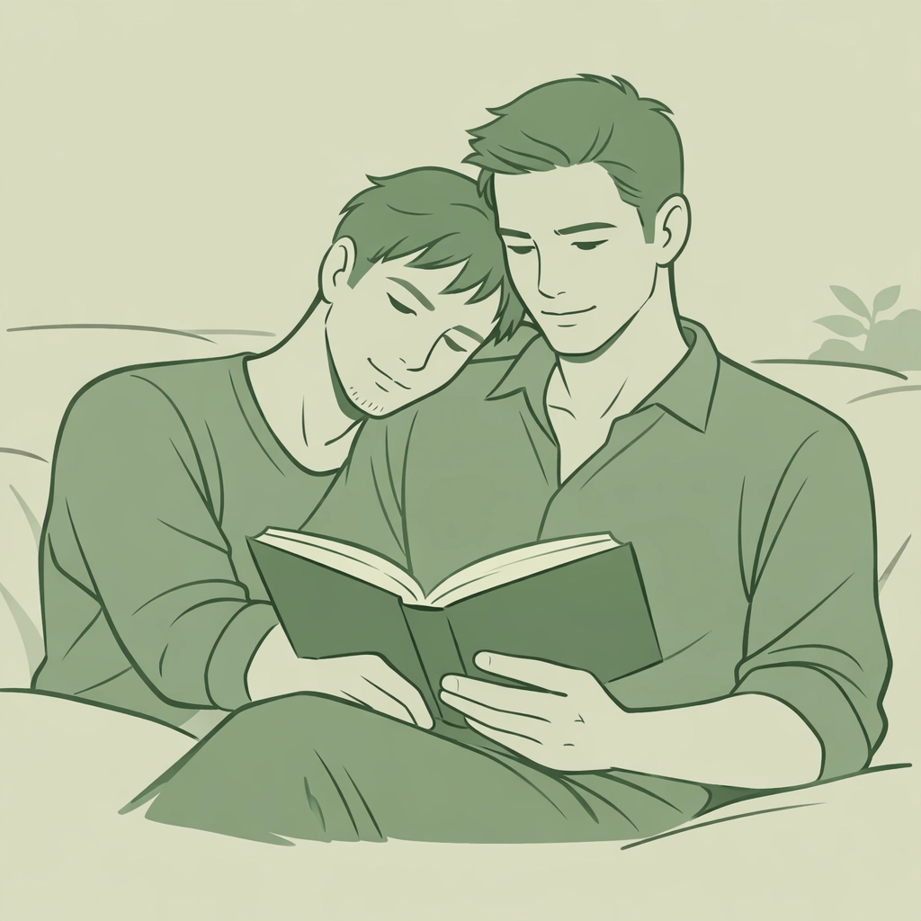 Two men reading together demonstrating intimacy in gay romance books