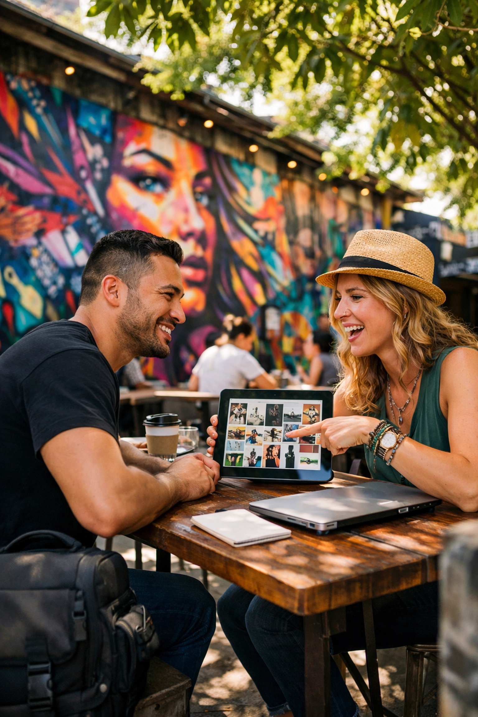Creative professionals discussing branding and event photography at a vibrant Wynwood cafe in Miami.