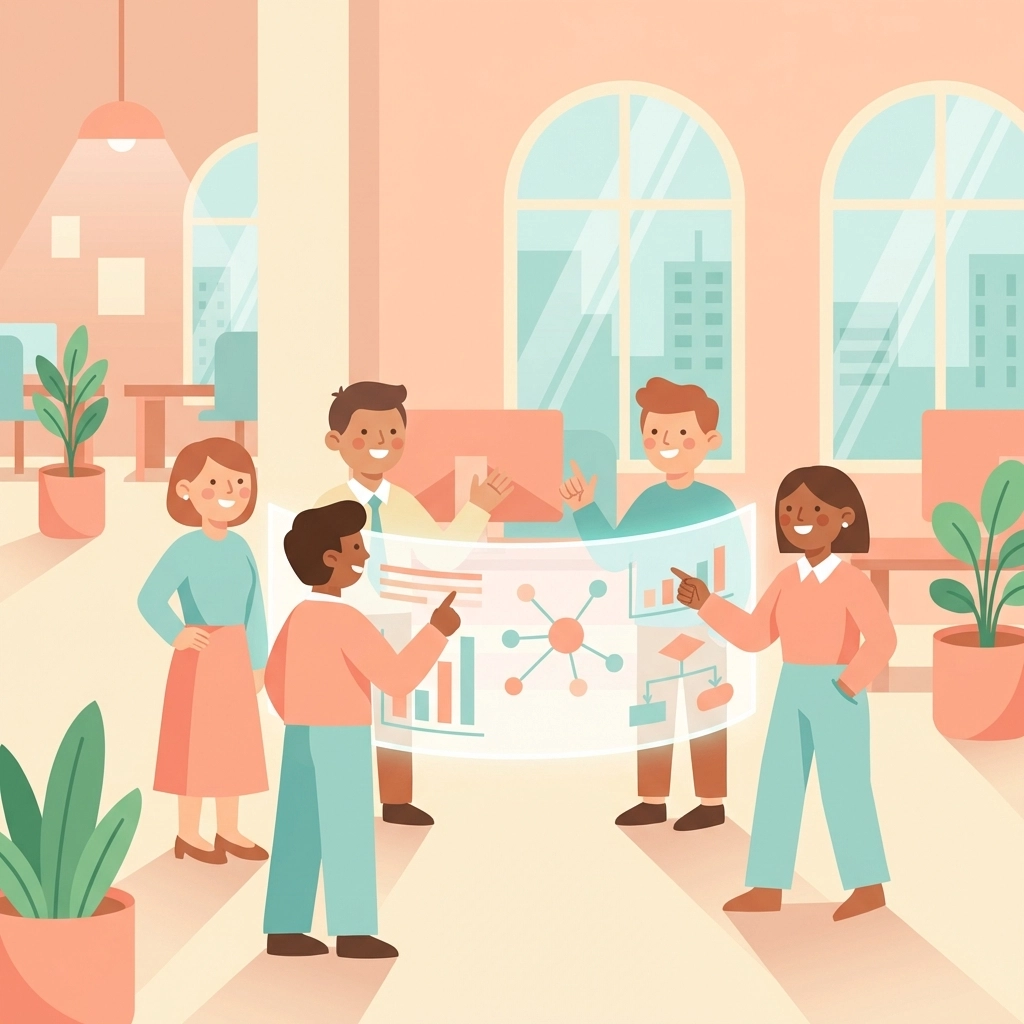 A diverse team gathers around a unified dashboard, celebrating seamless data and collaboration after adopting an all-in-one HR, CRM, and project management solution.