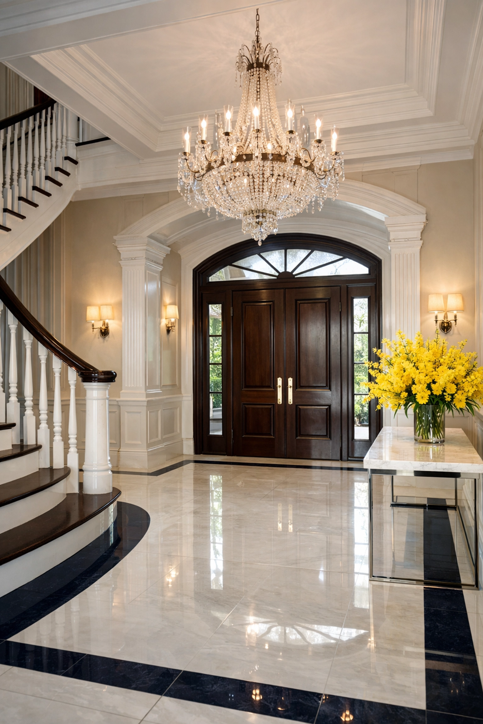 Pristine foyer in a Dover mansion showcasing the high standards of expert residential cleaning Massachusetts.