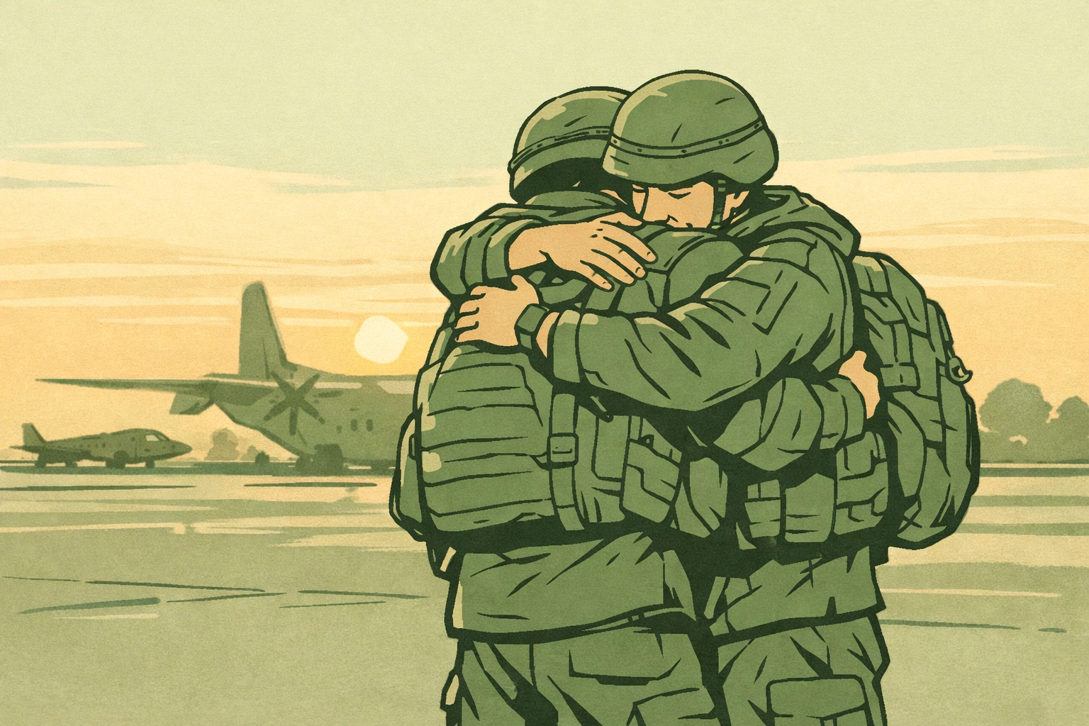Two soldiers embracing at military airfield reunion after deployment