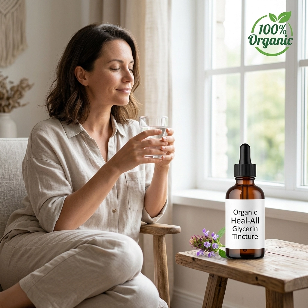 A person relaxing in a sun-drenched room with a glass of water and an amber glass tincture bottle, symbolizing stress relief.