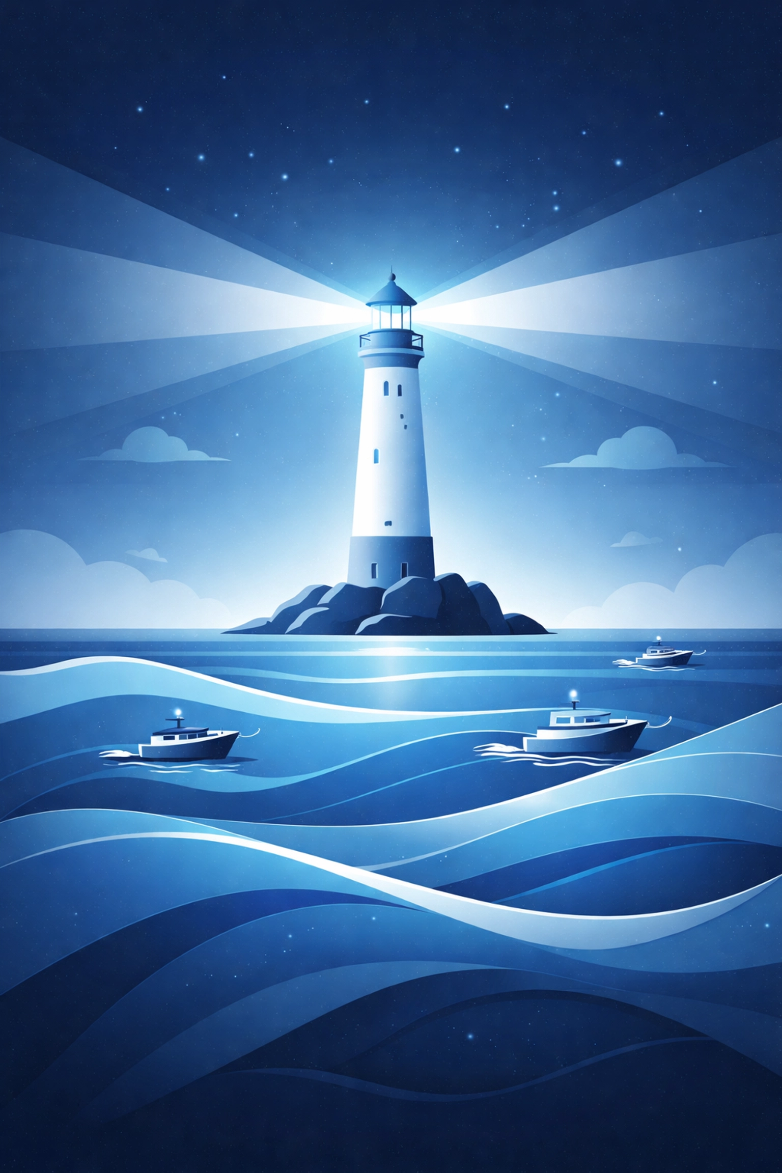 Vector illustration of a lighthouse guiding boats to shore, representing brand authority and trusted guidance