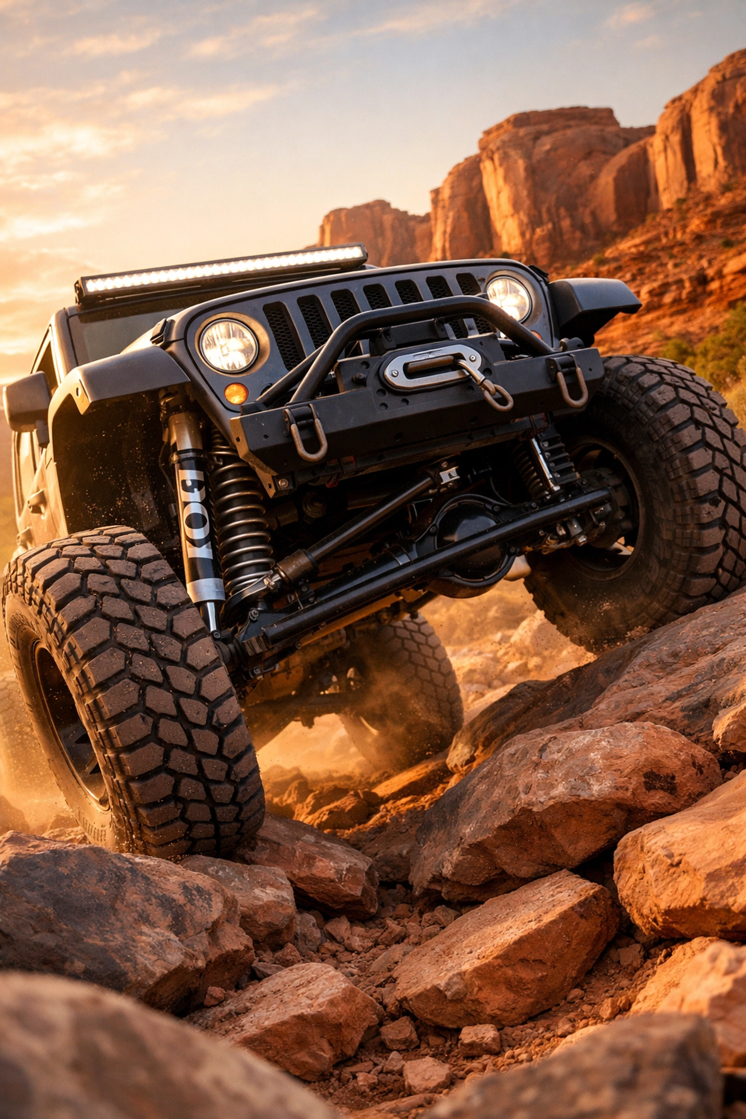 Lifted Jeep with FOX shocks articulating on rocky Utah trail demonstrating off-road suspension travel