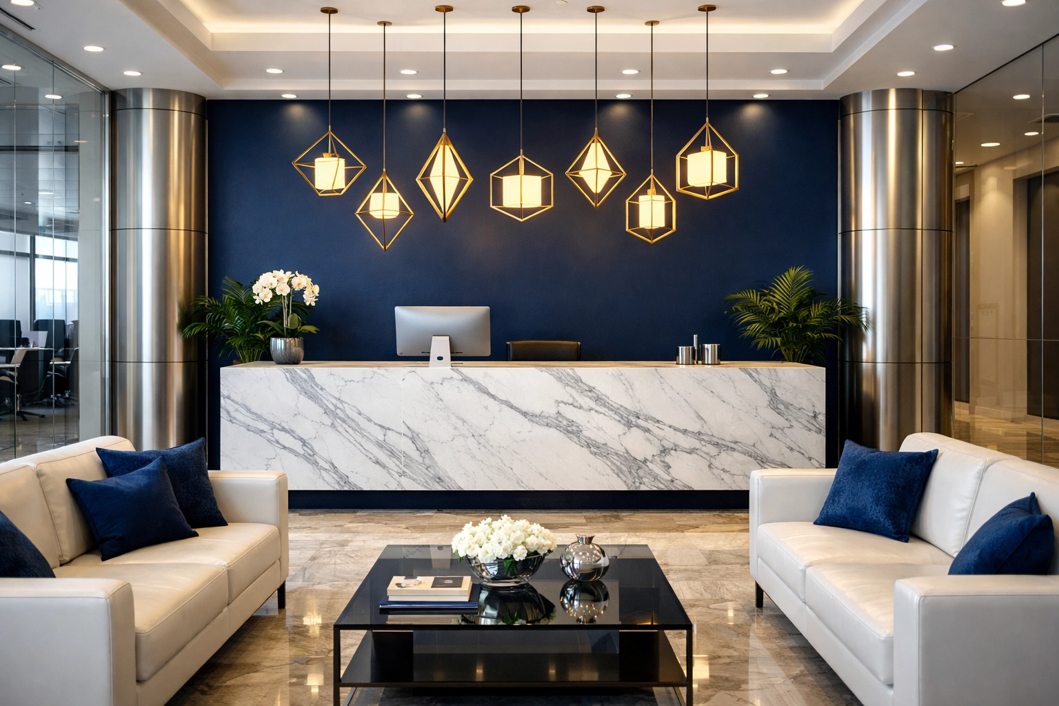 A pristine, client-ready corporate lobby maintained by professional office cleaning in Milford.