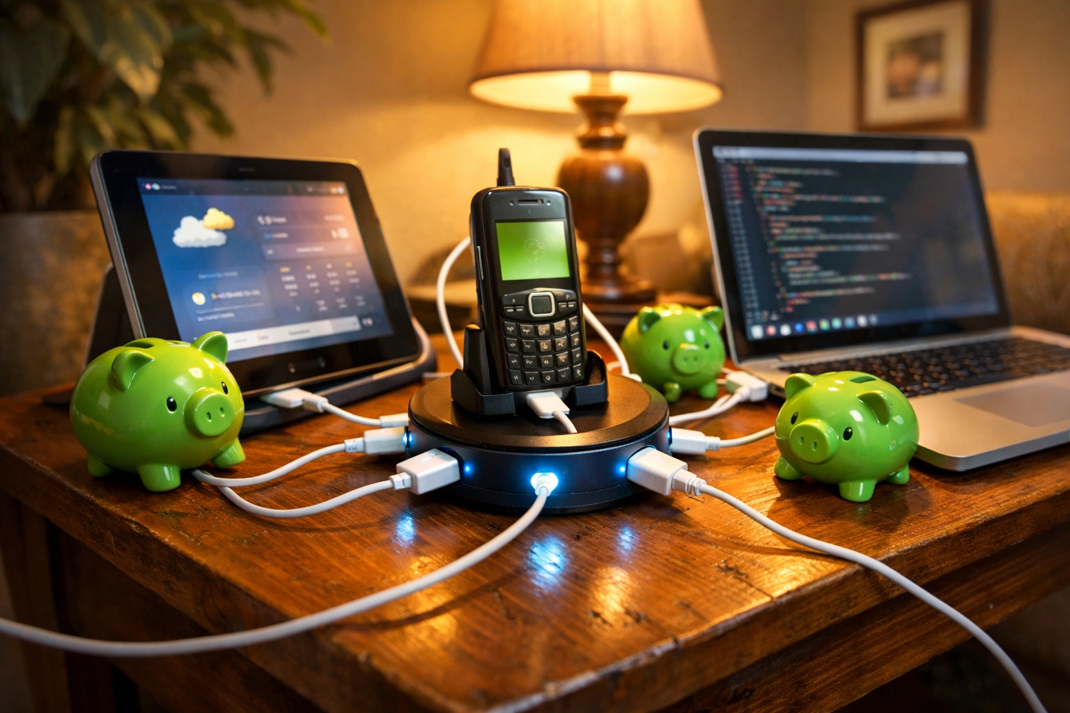 Multiple mobile devices and piggy banks showing how to maximize daily cash from passive income apps.