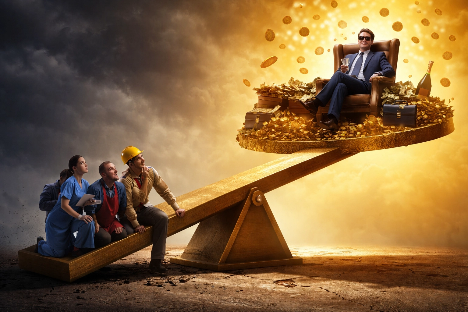 Scale showing economic inequality with working-class people outweighed by wealthy individual