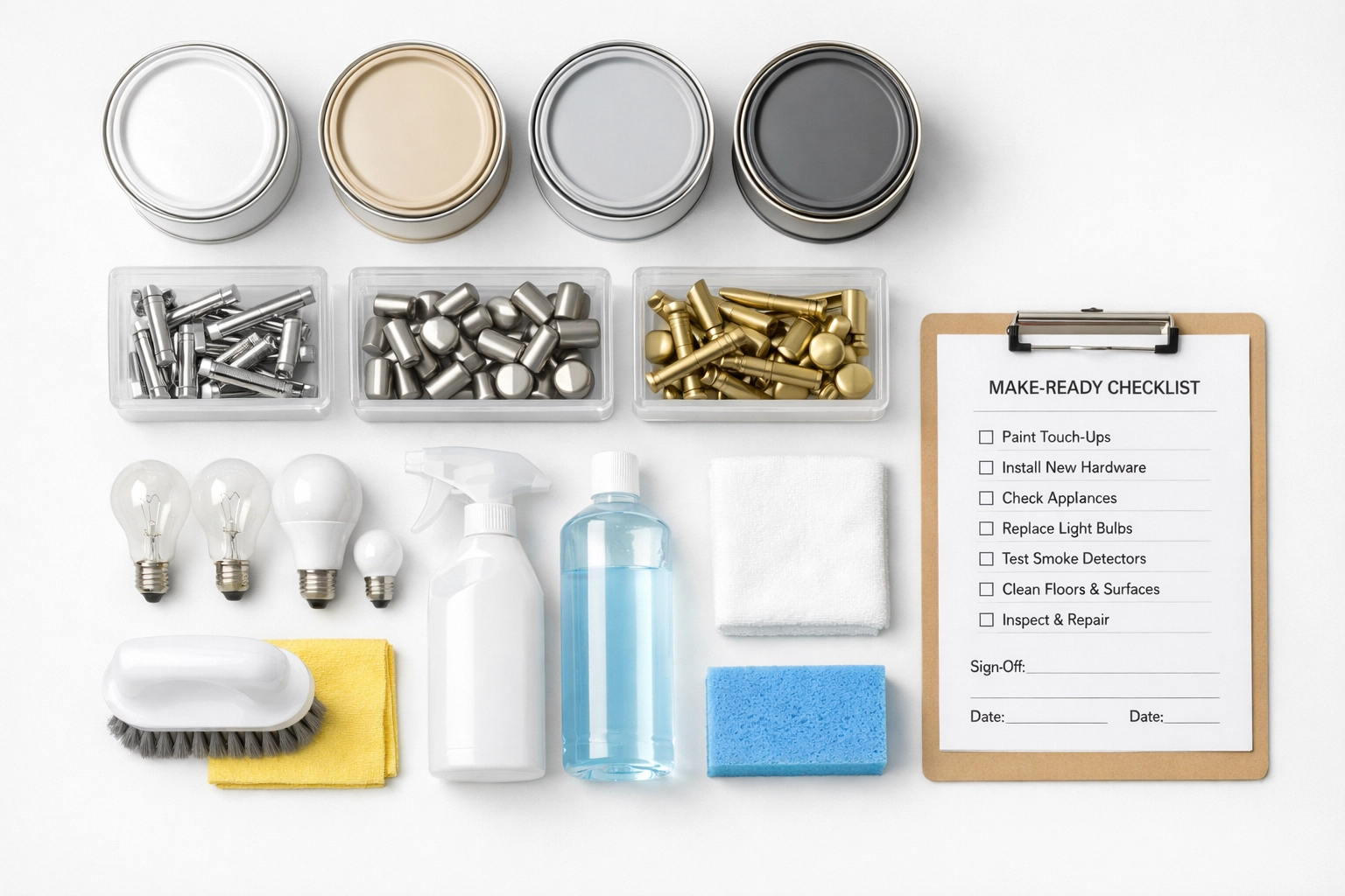 Organized apartment turnover supplies including paint, hardware, and cleaning checklist