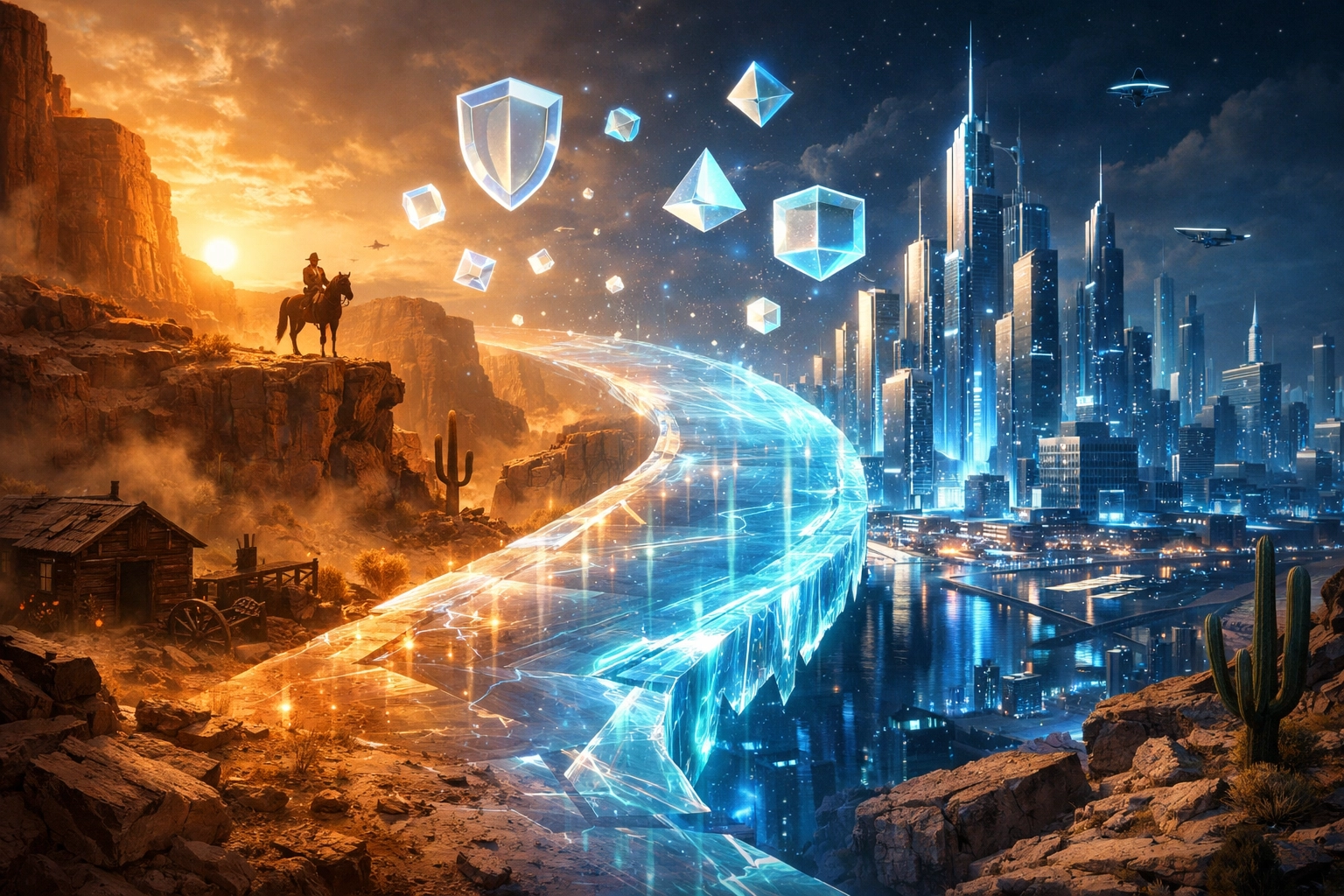 A bridge from a desert to a futuristic city, representing the shift toward regulated crypto payments and the CLARITY Act.