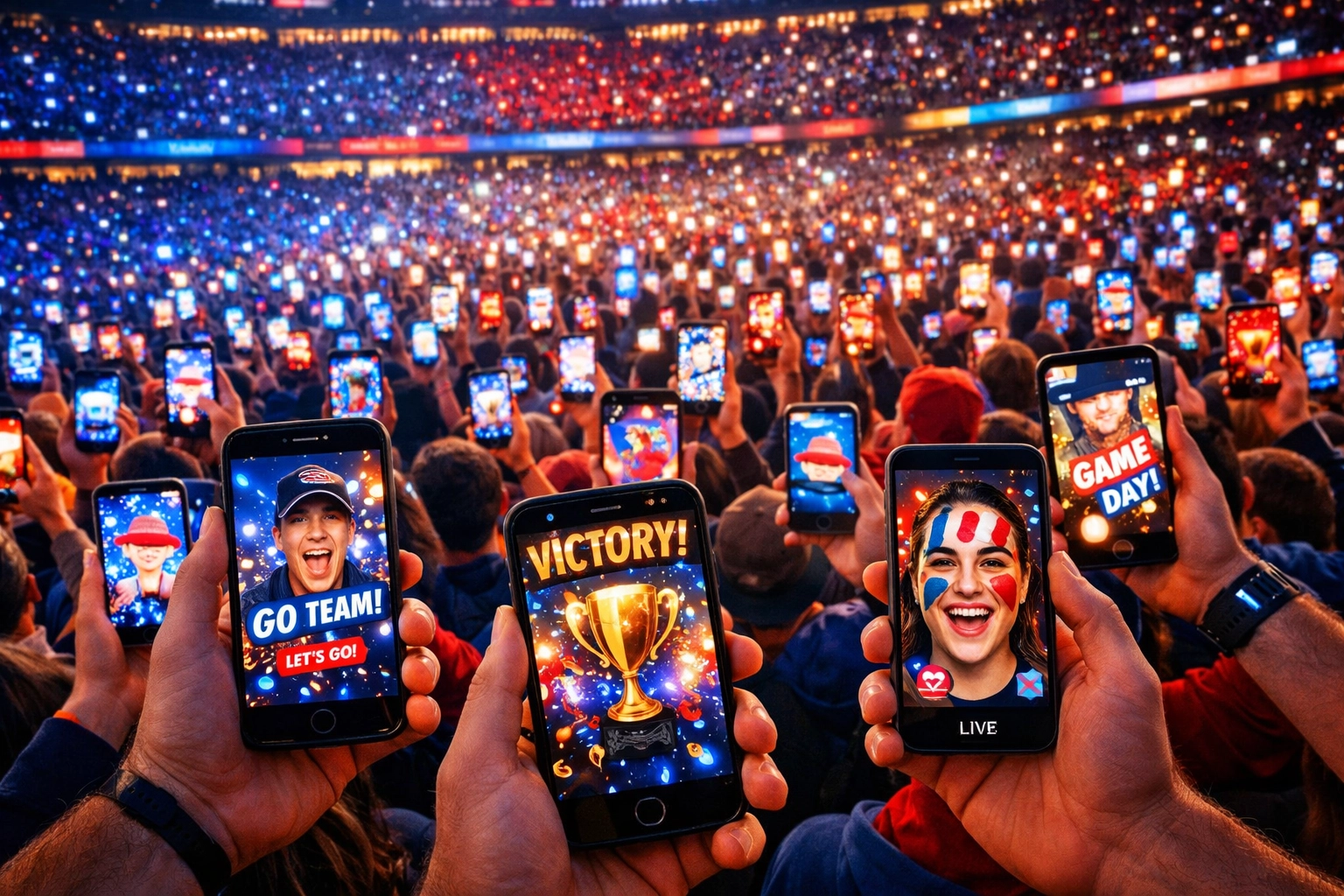Super Bowl fans holding smartphones with AR filters in stadium crowd