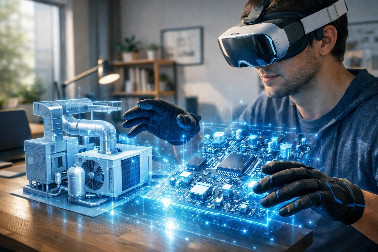 Student using a VR headset and haptic gloves to train on a holographic HVAC system in a home office.