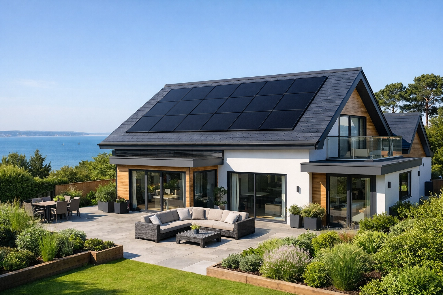 Solar panels in Bournemouth on a modern coastal home installed by Hampshire experts.