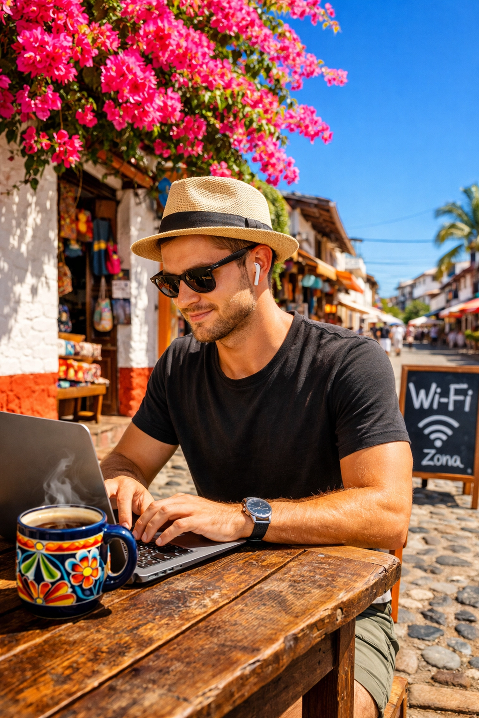 Digital nomad working remotely at a sun-drenched cafe with bougainvillea in Puerto Vallarta's Romantic Zone.