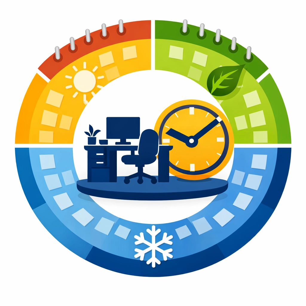 Illustration of a year-round calendar and office clock showing tax preparer availability for scheduled appointments.