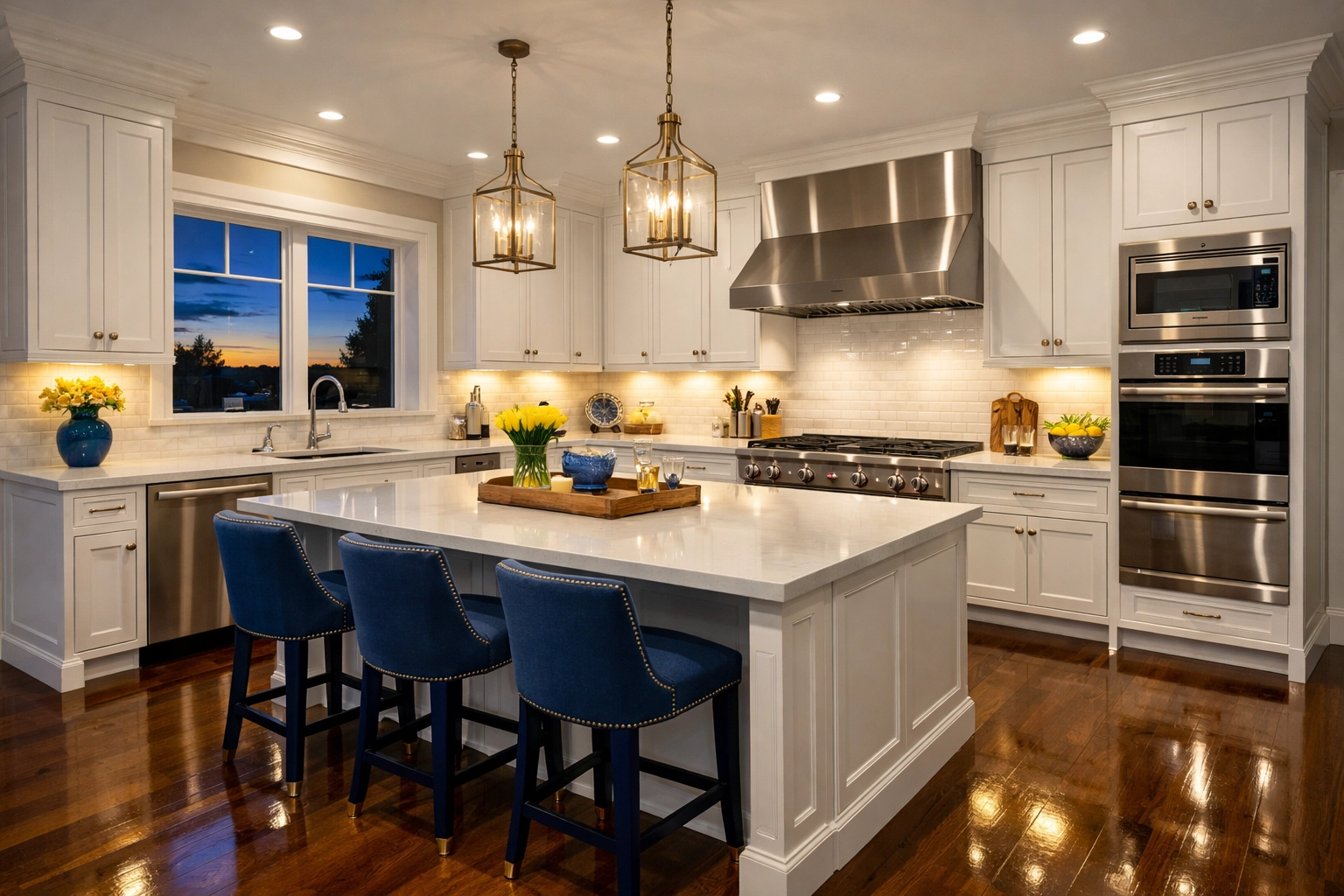 Spotless luxury Groton kitchen with glowing under-cabinet lights after a ninja deep clean.
