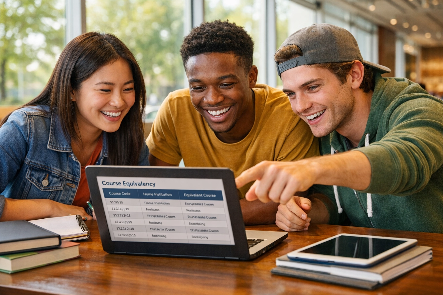 Students collaborating to check college CLEP and DSST exam acceptance policies together (1x1, center safe zone)