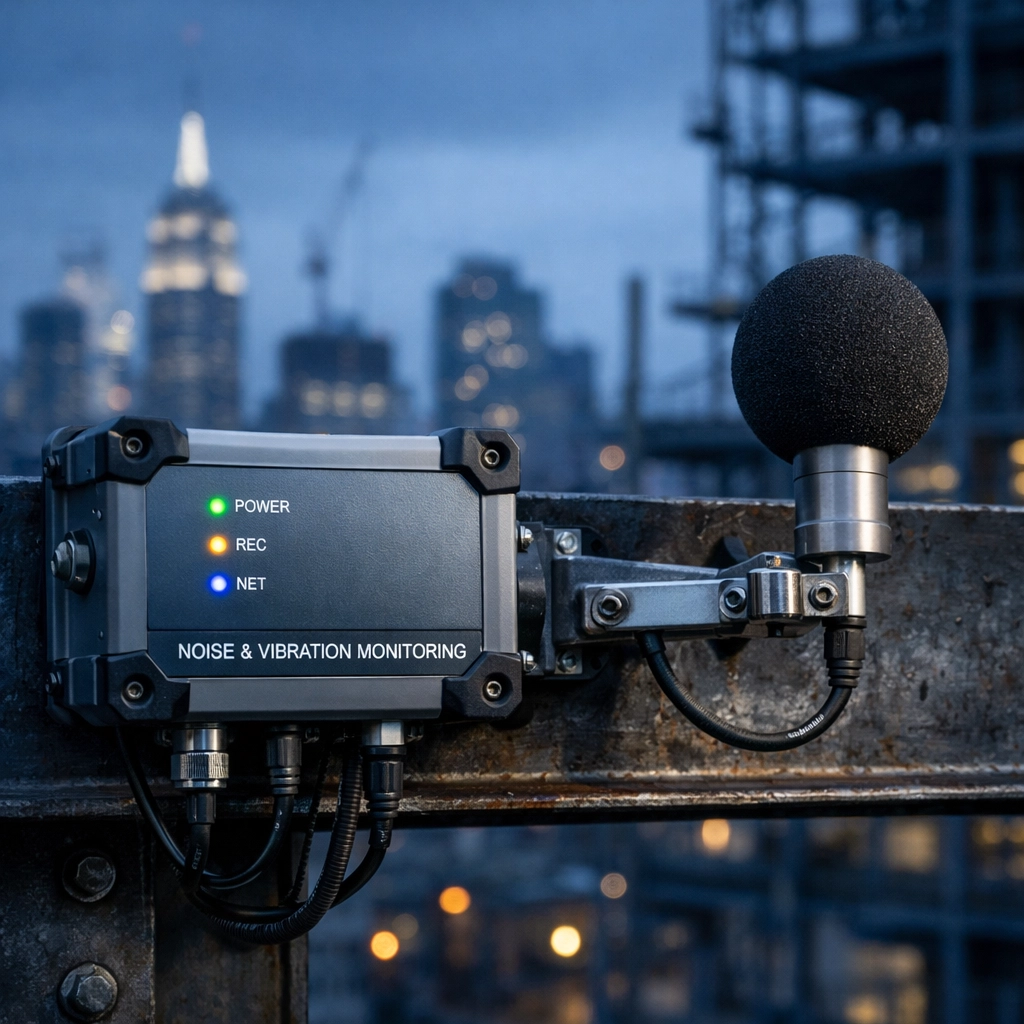 Real-time noise and vibration monitoring station for construction oversight NYC and environmental compliance.
