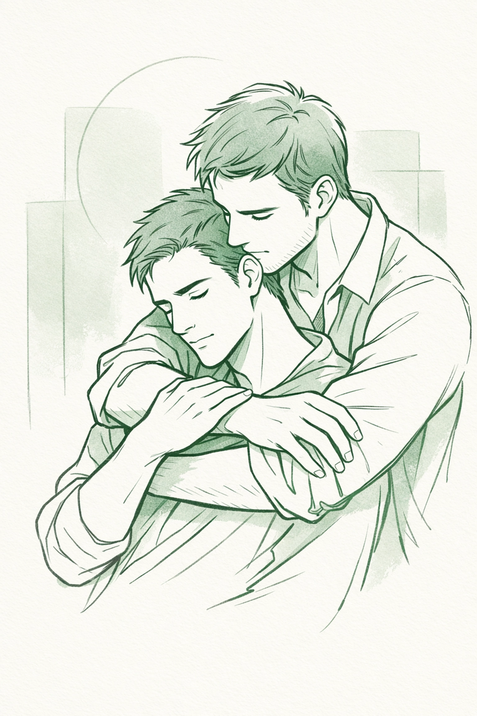 Two men in protective embrace showing possessive love in MM romance