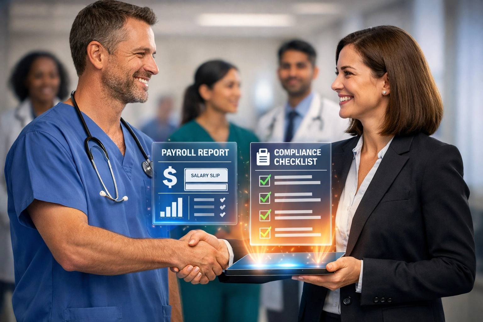 Healthcare manager and payroll specialist shake hands, representing partnership for scalable staffing and payroll management.