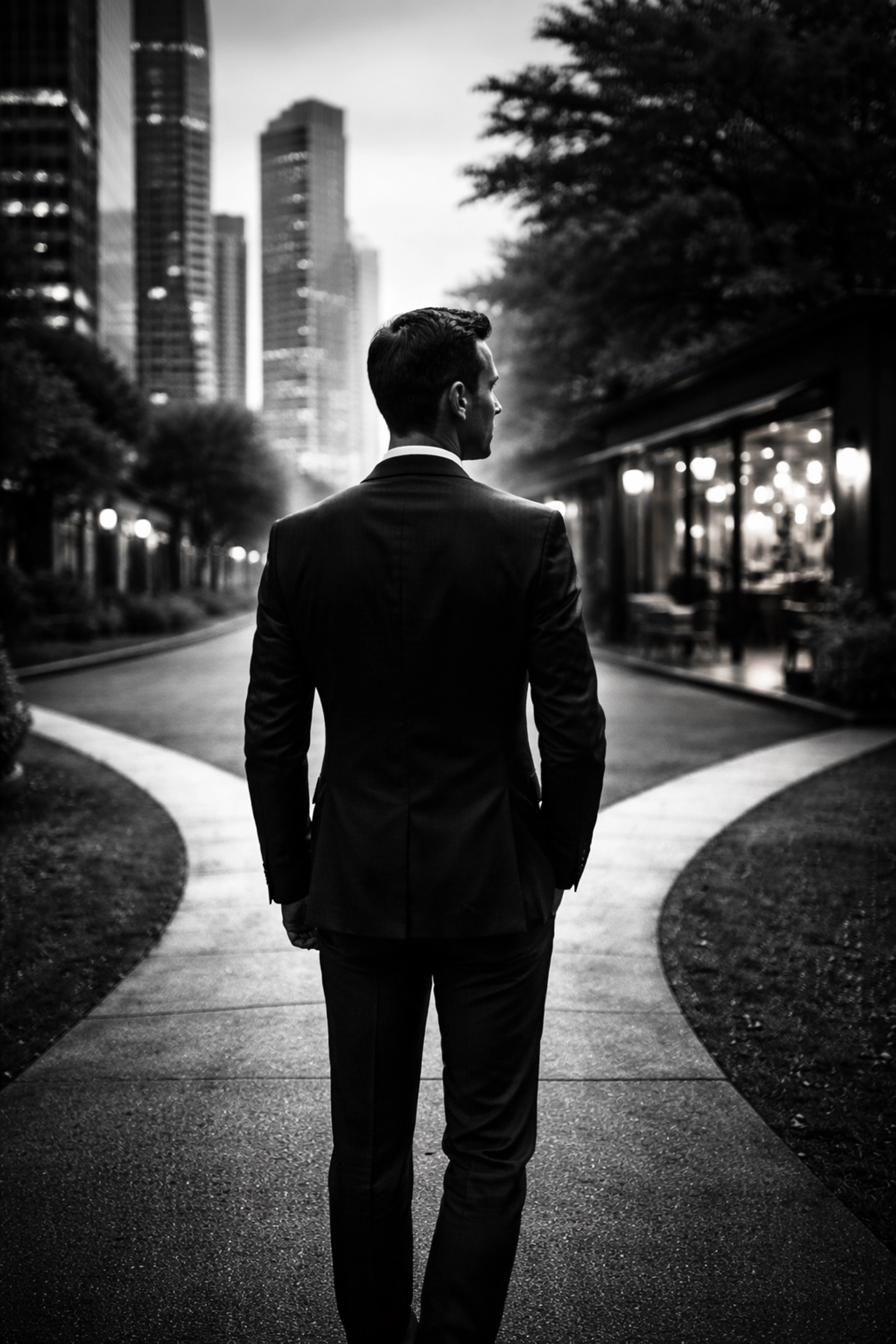 Professional man in a suit stands at a crossroads, symbolizing career vs. dating life choices for high achievers