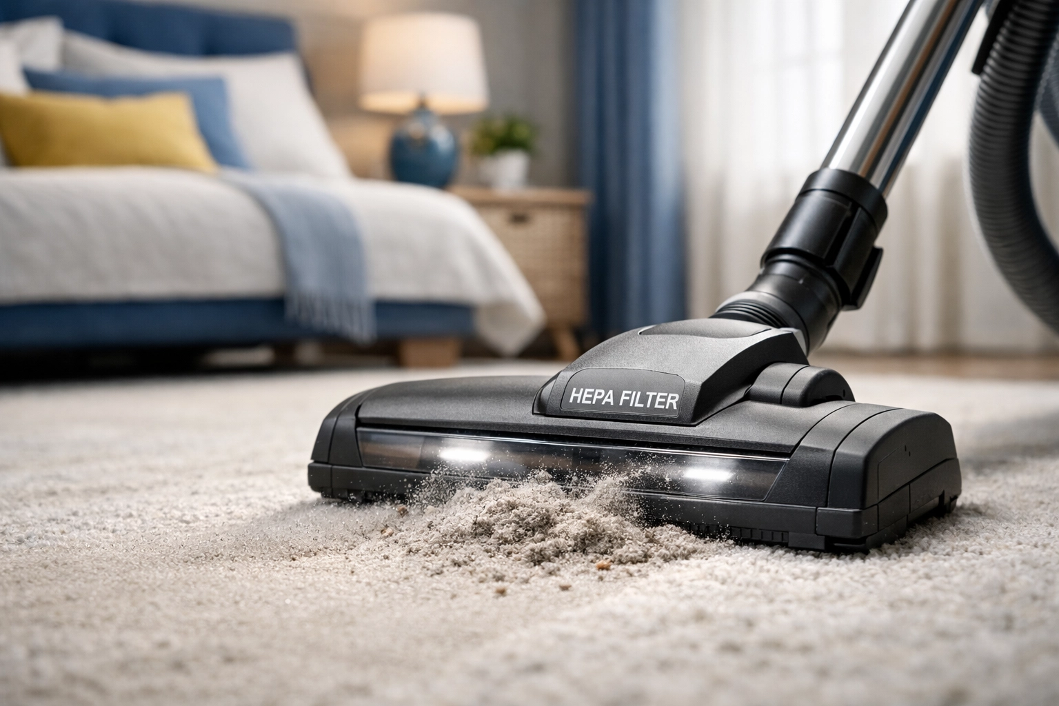 HEPA vacuum removing fine post-construction dust from an area rug in a renovated home.