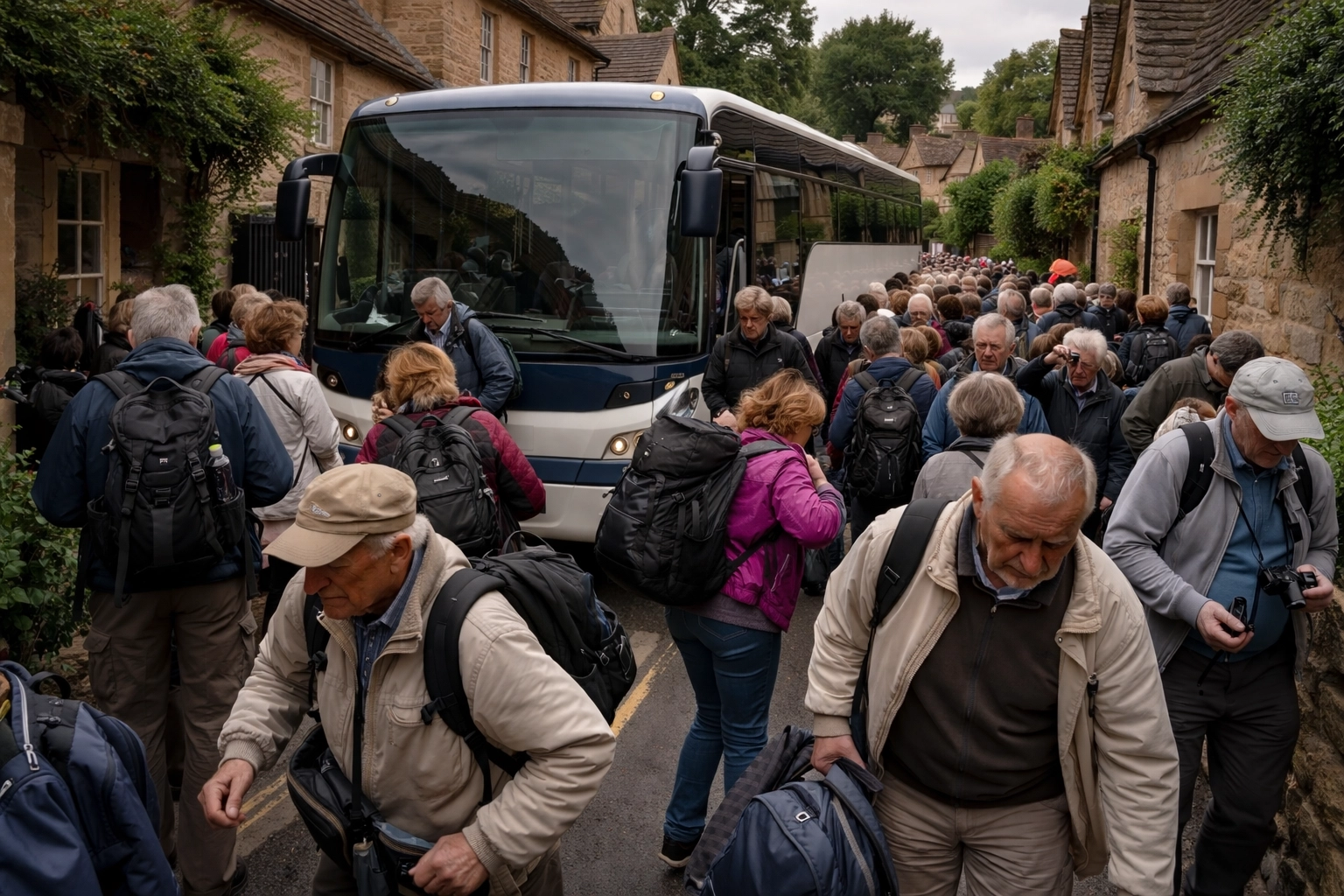 Crowded tour bus with tourists arriving in a Cotswolds village, illustrating group travel chaos